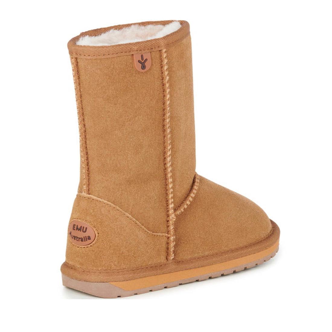 EMU NZ Kids Wallaby Lo Chestnut Merino Wool Boot—tan suede, cozy lining, grippy rubber sole, easy pull-on mid-calf style.  ksnz