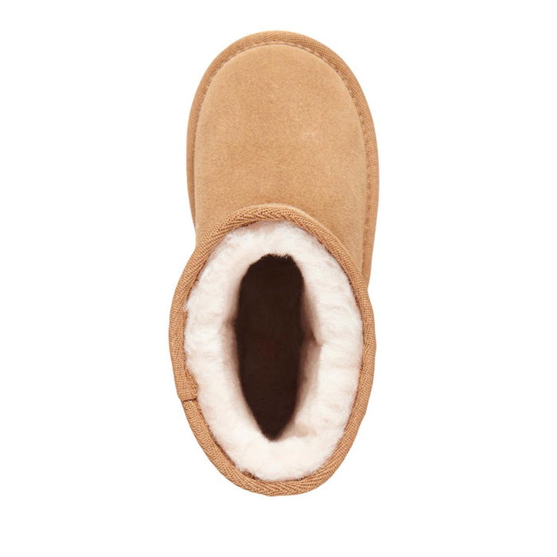 EMU NZ Kids Wallaby Lo Boot in chestnut, with soft suede, cozy Merino wool lining, sturdy sole, and easy pull-on style for little feet.  ksnz