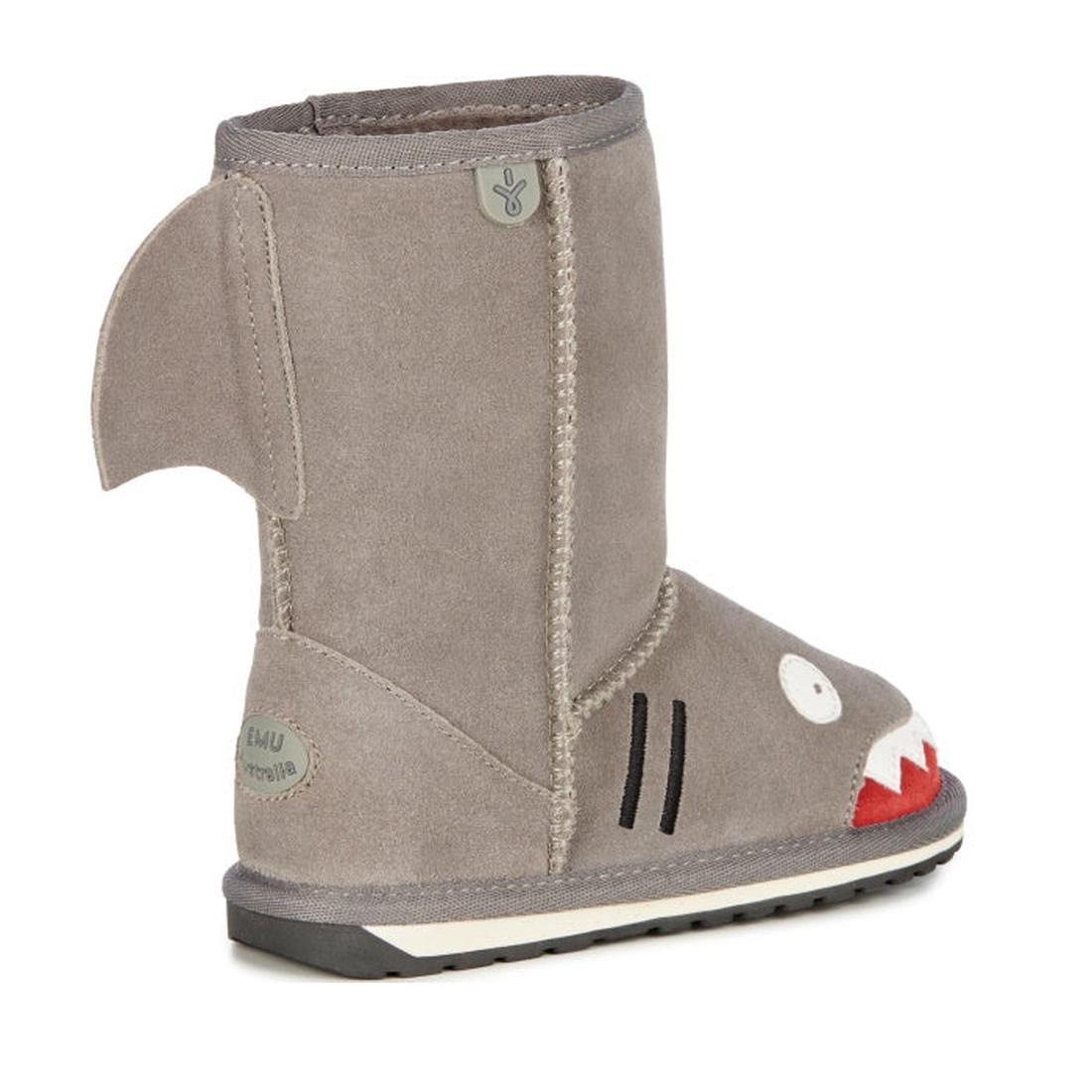 EMU NZ Kids Creatures Grey Putty Shark Wool Boots—grey suede kids’ boots with fin, gills, felt teeth, cozy wool lining & easy pull-on style.  ksnz