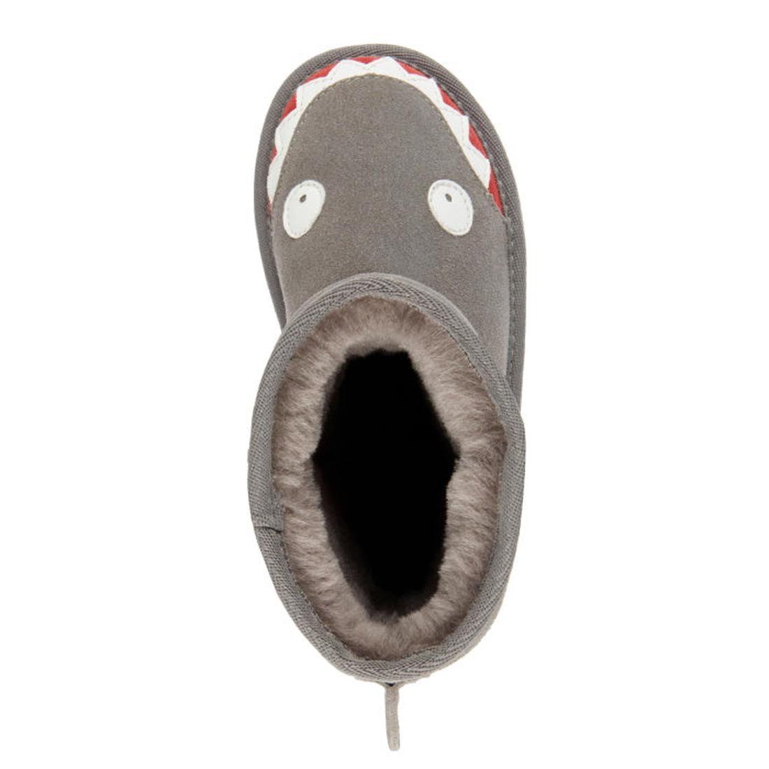 EMU NZ Kids Creatures Grey Putty Shark Wool Boots: Cozy grey boots with playful shark faces, soft lining, sturdy sole, easy pull-on design.  ksnz