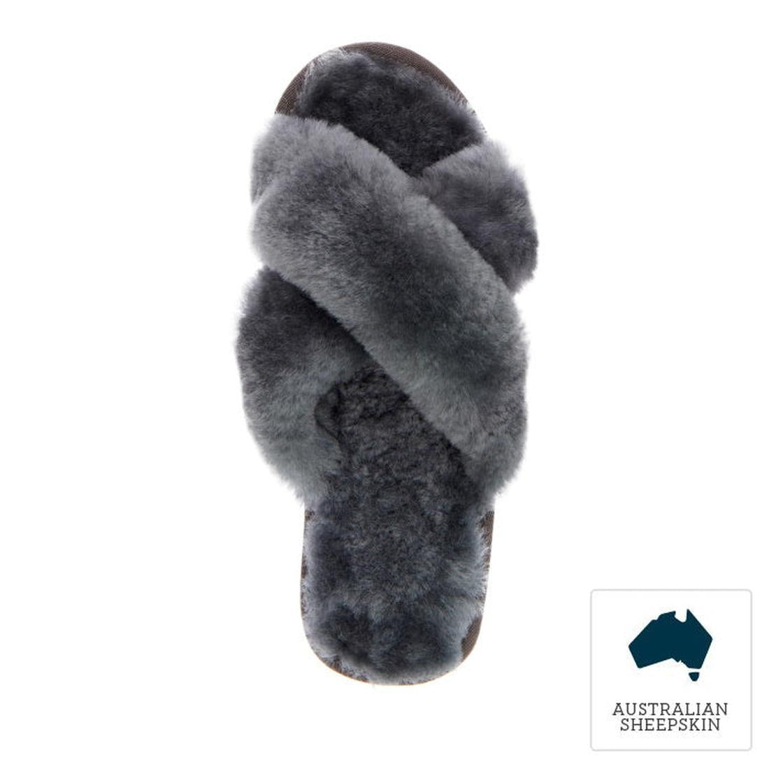 EMU NZ Women's Mayberry Scuff Slipper in charcoal grey, featuring soft crisscross sheepskin straps, cozy lining, and slip-on ease.  ksnz