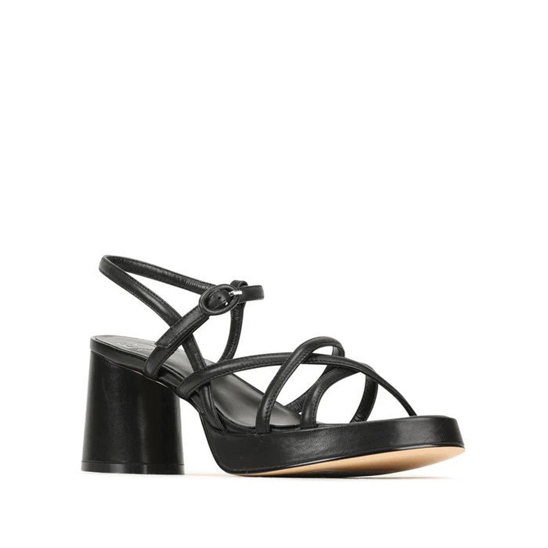 The EOS Womens Doriano Strappy Leather Sandal with Heel in black features an open toe, ankle strap with buckle, and chunky block heel, shown against a plain white background.