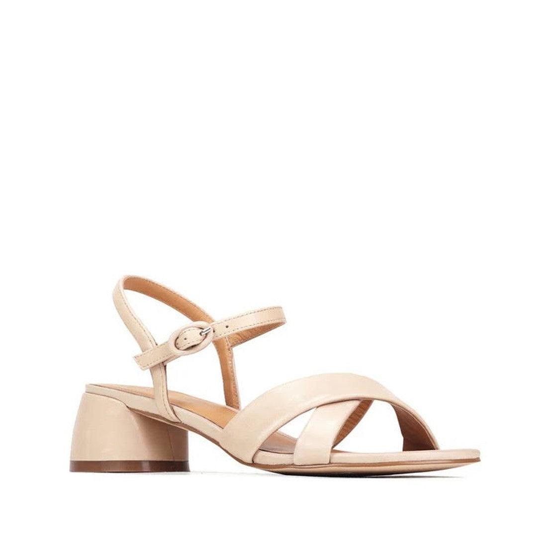 EOS Womens Fiora Strappy Leather Sandal in nude: comfy block heel, secure ankle buckle, soft leather straps. Shown on white background.  ksnz