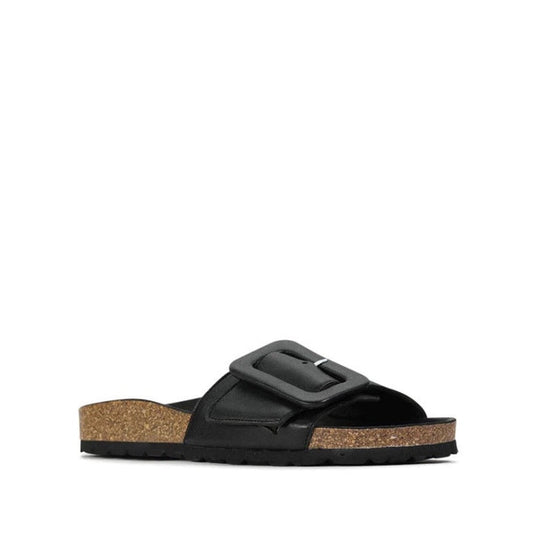 EOS Ginis Leather Single Strap Slide in black offers easy slip-on comfort, arch support, a big buckle, cork sole, and sturdy grip.  ksnz
