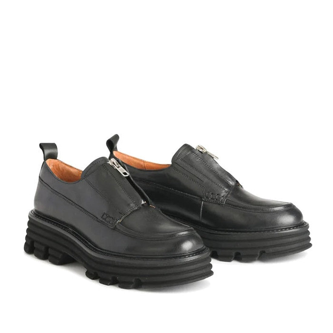 The EOS Jazzy Black Leather Zip Top Shoe features chunky ridged flatform soles and silver zipper details, displayed on a white background., 36534, 9321191192499, 9321191192505, 9321191192512, 9321191192529, 9321191192536, 36540