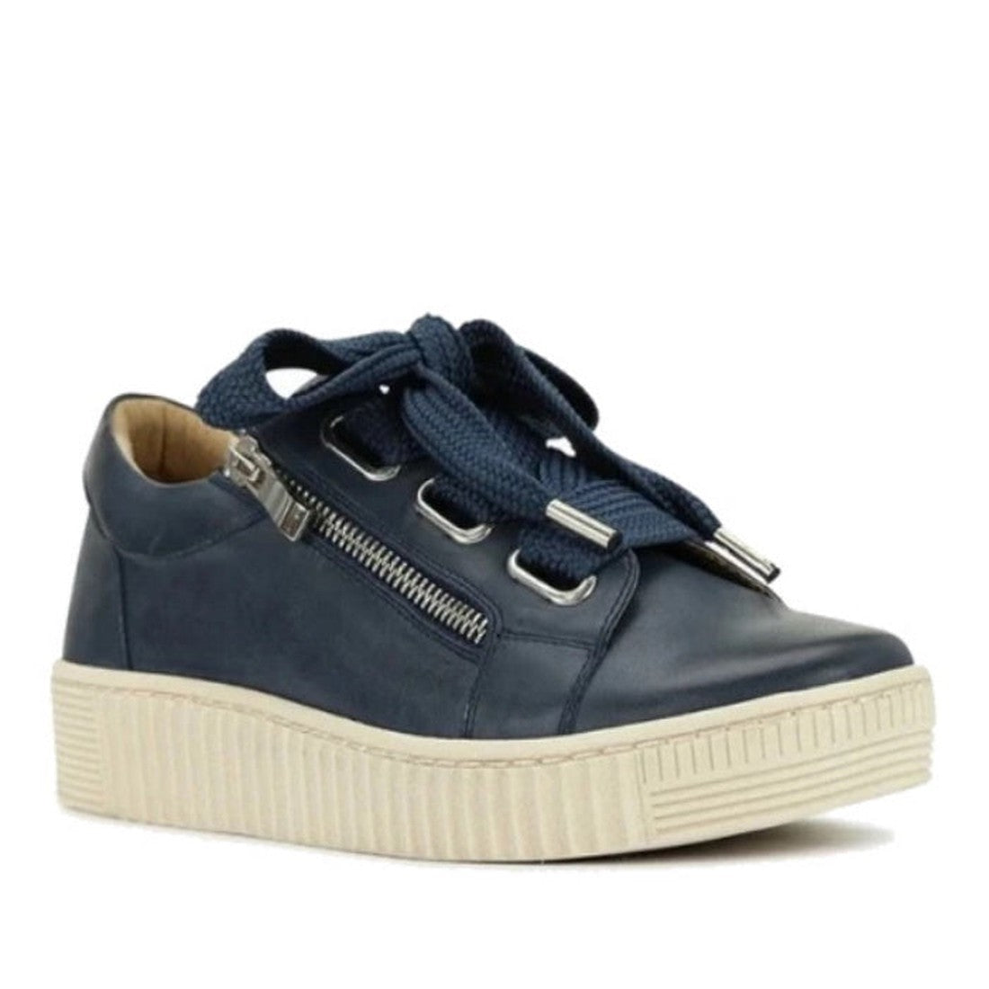 The EOS Jovi Leather Trainer features navy Italian Aniline leather, thick navy laces, silver eyelets, a side zipper, and a beige textured rubber sole. Shown on a plain white background.