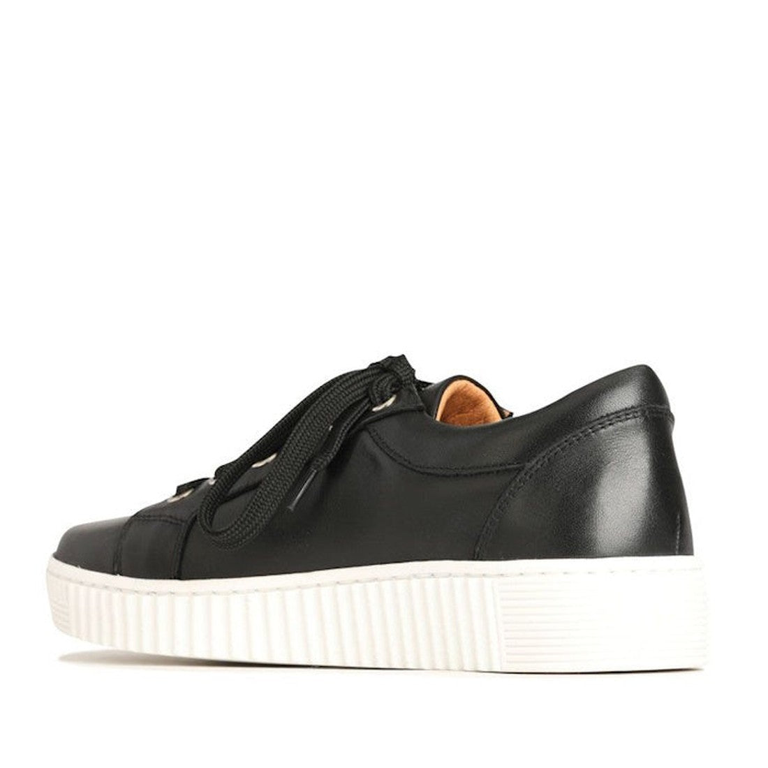 The EOS Joyce Leather Trainer is a black low-top casual sneaker with thick laces, a side zip, an anatomical insole, and a white textured rubber sole, shown from the side against a plain white background., 9321191051628, 9321191051635, 9321191051642, 93211