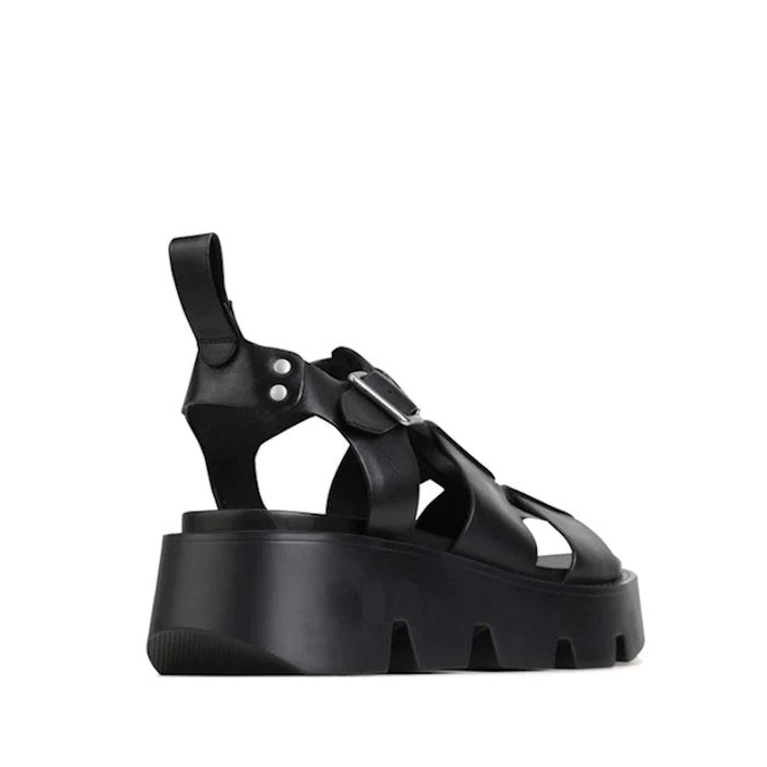 The EOS Womens Kailan Platform Chunky Leather Sandal in Black features a thick wedge sole, cutout leather upper, adjustable buckle strap, and heel pull tab, displayed in a side view on a white background., 9321191131429, 9321191131436, 9321191131443, 9321