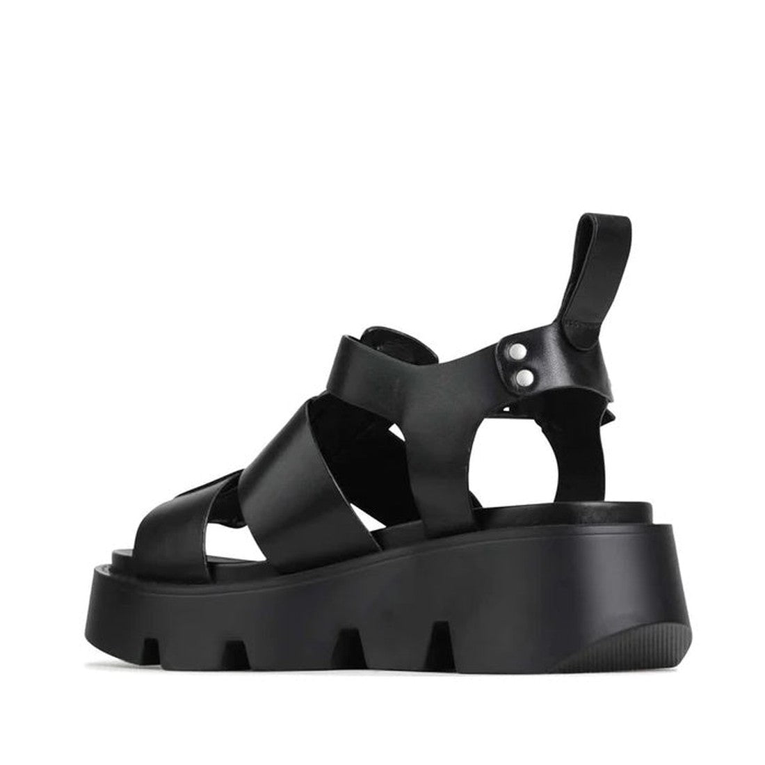 The EOS Womens Kailan Platform Chunky Leather Sandal in black features a leather upper, thick crisscross straps, open toe, chunky ridged sole, and heel pull tab, shown in side profile on a white background., 9321191131429, 9321191131436, 9321191131443, 93