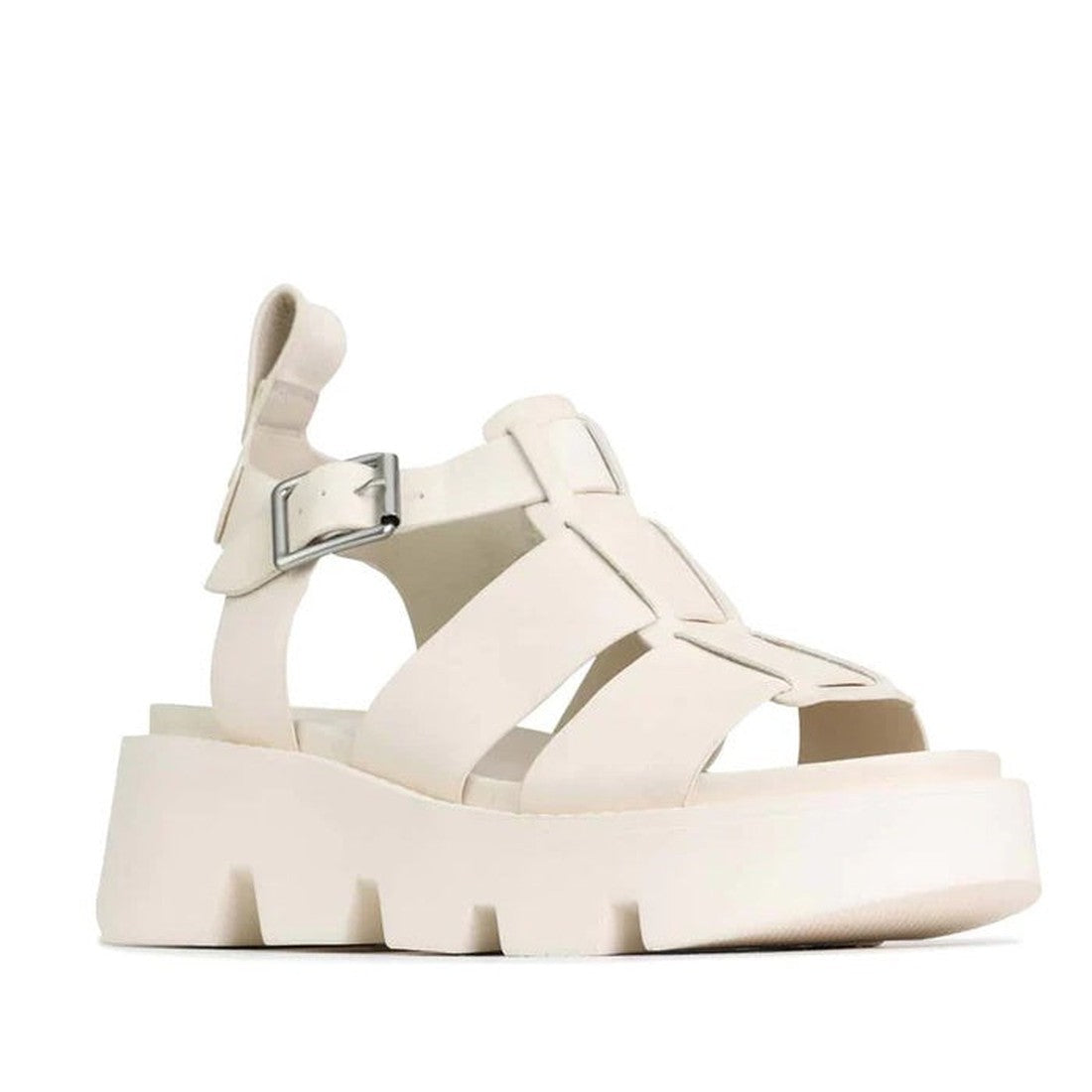 The EOS Womens Kailan Platform Chunky Leather Sandal in Bone features a chunky off-white leather design with multiple straps, silver buckle, thick textured sole, open toe and heel, atop a bold platform wedge for statement style.