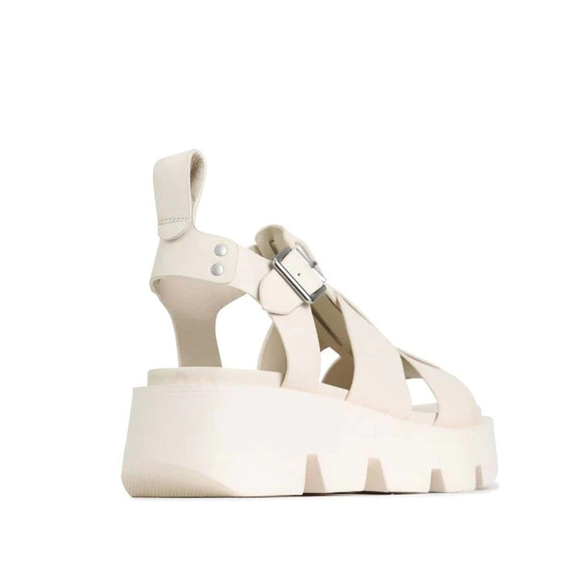 The EOS Womens Kailan Platform Chunky Leather Sandal in Bone features wide crisscross straps, a silver buckle, pull tab at the heel, and a thick ridged wedge sole. Photographed on a white background., 34434, 9321191131504, 9321191131511, 9321191131528, 93