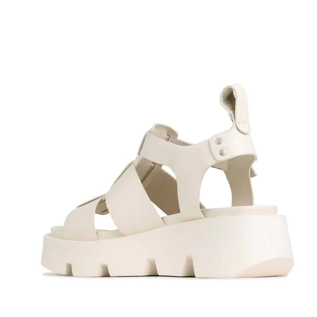 The EOS Womens Kailan Platform Chunky Leather Sandal in Bone features wide criss-cross straps, an open toe, a loop detail on the heel, and a thick, rugged platform wedge sole. The luxury sandal is displayed angled to reveal its back and side., 34434, 9321