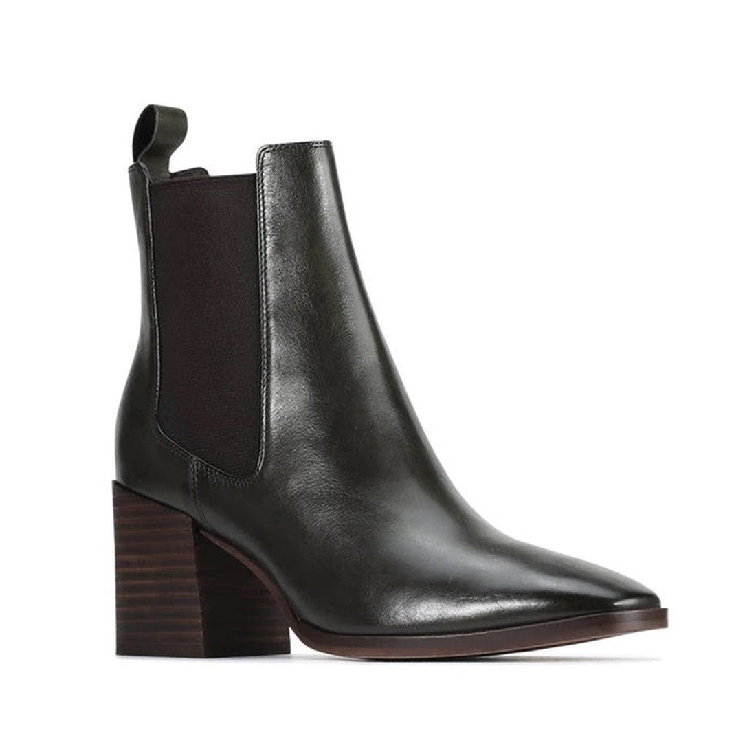 The EOS Kelcie Black Leather Boot is a women's pull-on Chelsea style featuring a pointed toe, block heel, elastic side panels, and back pull tab—blending comfort and style in sleek black leather. Photographed on a white background.