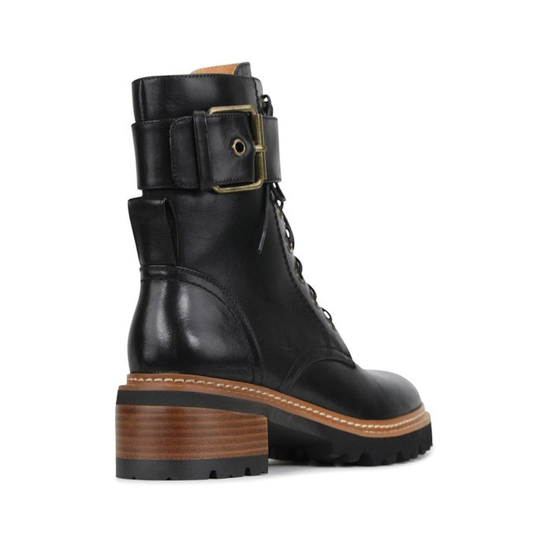 The EOS Line Black Women’s Leather Boot features a combat style with a lace-up front, chunky brown stacked heel, decorative ankle buckle, and tan-stitched sole—ideal for stylish comfort, shown from back and side views., 9321191078878, 9321191078885, 93211
