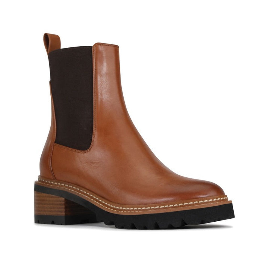 EOS Linear women’s boot in Brandy leather with side gussets, block heel, and lugged sole. Side View of Right Foot 