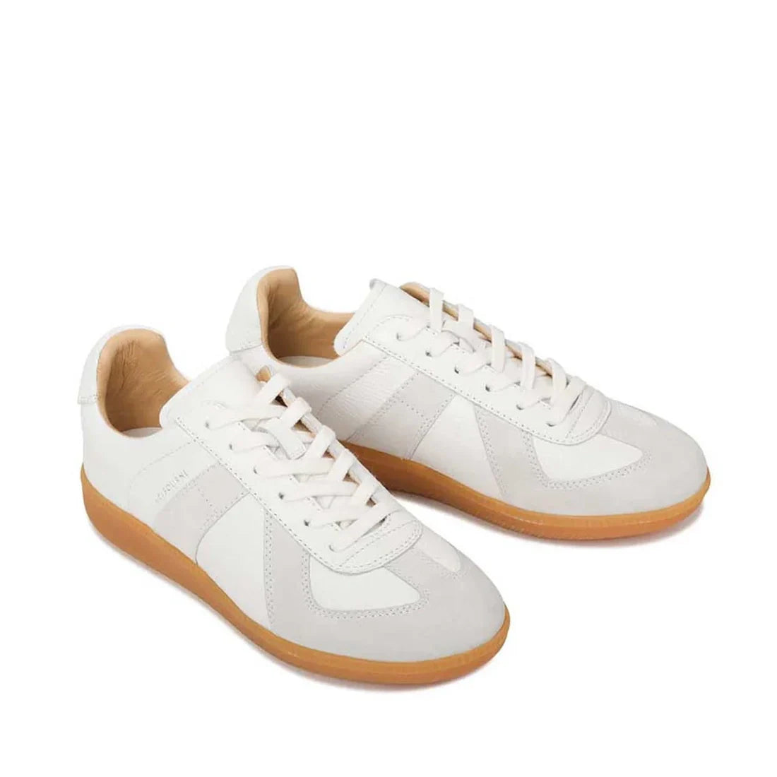 The EOS Melbaa White Leather Lace Up Trainer features white aniline leather and suede, beige accents, and light brown rubber soles, displayed on a white background., 41691, 9321191224626, 9321191224633, 9321191224640, 9321191224657, 9321191224664, 41697