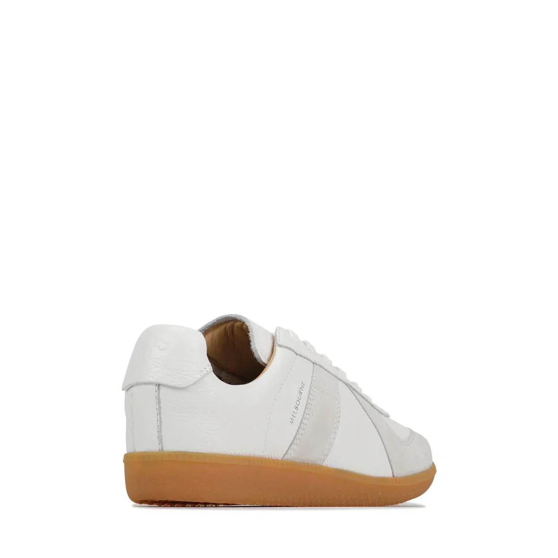 The EOS Melbaa White Leather Lace Up Trainer features white aniline leather and a light brown gum sole, shown from the back and side to highlight the heel, laces, and part of the outer side., 41691, 9321191224626, 9321191224633, 9321191224640, 93211912246