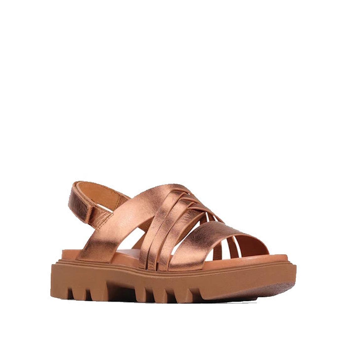 EOS Womens Fianah Low Heel Leather Sandal in Metallic Copper, with sturdy crisscross straps, open toe, slingback, and ridged sole.  ksnz
