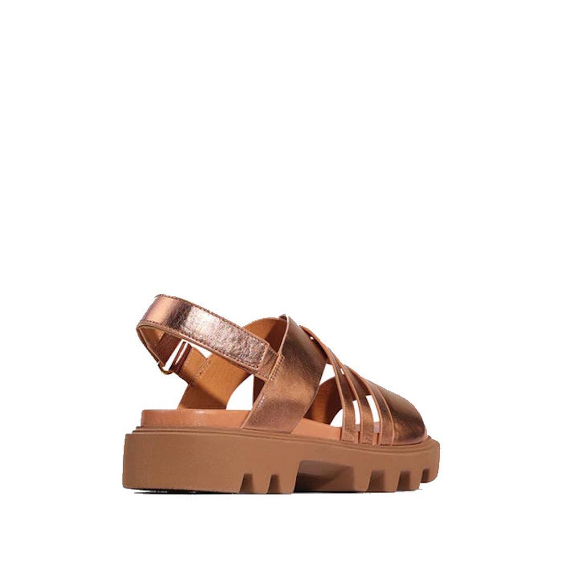 EOS Womens Fianah Low Heel Leather Sandal in metallic copper, with sturdy crisscross straps, soft sole, and secure ankle buckle.  ksnz, 9321191216294, 9321191216300, 9321191216317, 9321191216324, 9321191216331