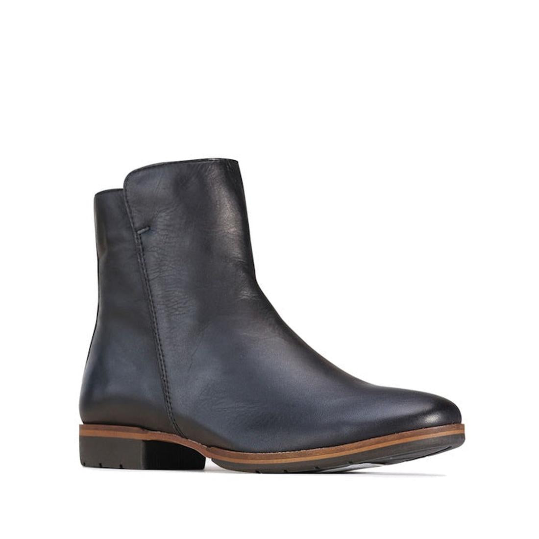 The EOS Gaib Black Women's Soft Leather Ankle Boot features black leather, a low brown and black heel, side stitching, and a smooth finish for a lightweight, comfortable fit—shown on a white background.