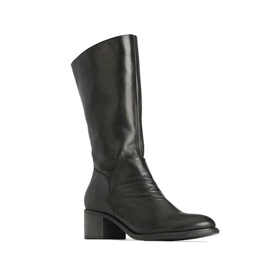 EOS Rochelle Black Soft Leather High Boot with Heel—knee-high, soft leather, sturdy sole, rounded toe, easy pull-on style for comfort.  ksnz