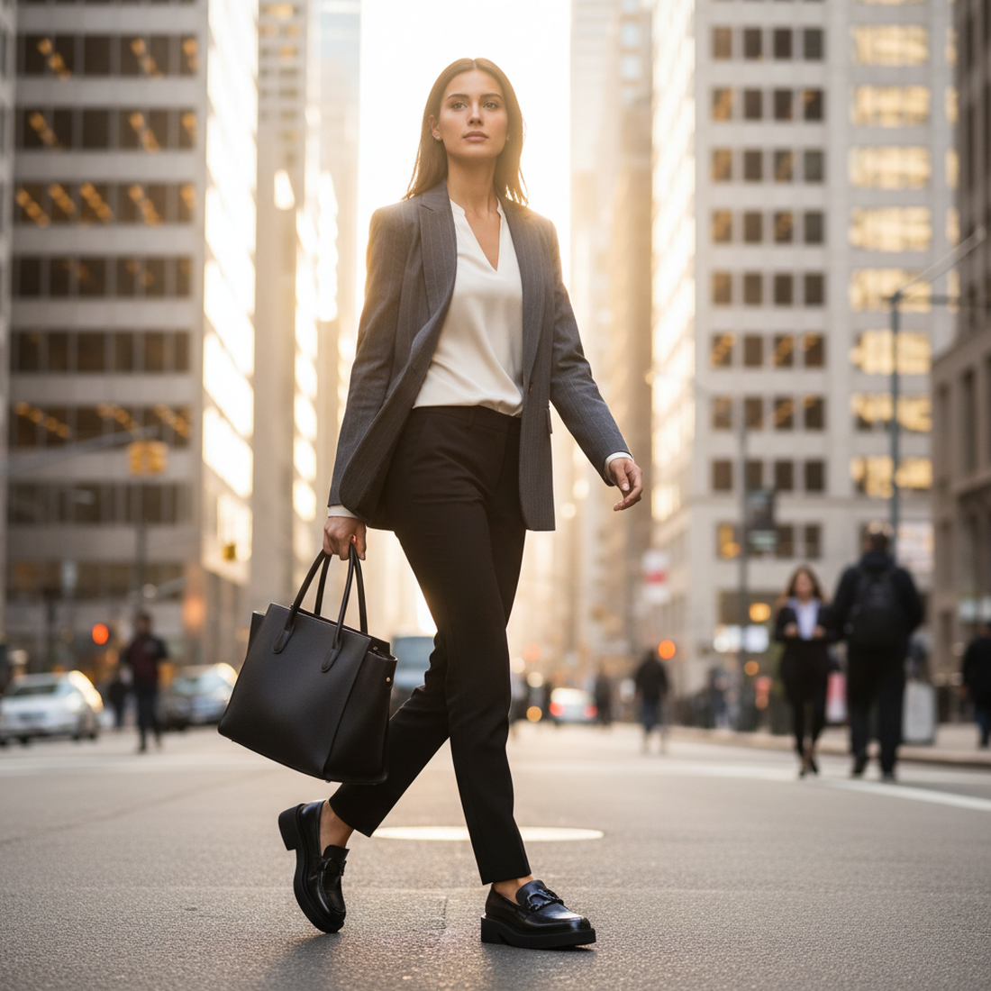 A mom walks at sunrise in comfy EOS Womens Leia Chunky Loafer Slip—classic black leather, easy slip-on, sturdy sole—bag in hand.  ksnz, 9321190036855, 9321190036862, 9321190036879, 9321190036886, 9321190036893