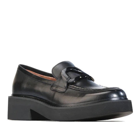 EOS Womens Leia Chunky Loafer Slip In Black Leather: cozy black slip-on loafers with chunky soles and a stylish chain across the top.  ksnz