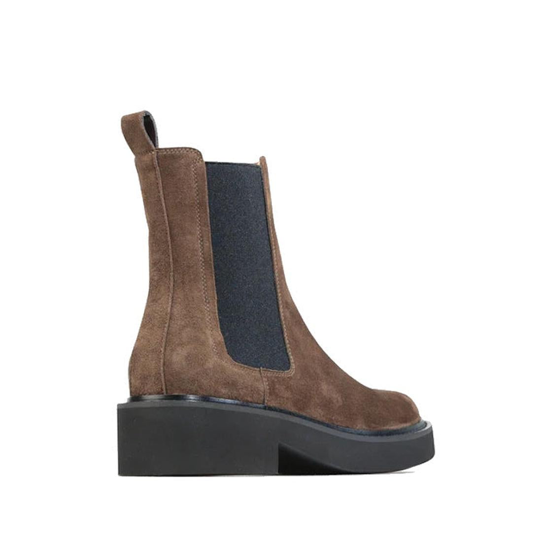 The EOS Womens Leilin Suede Kalamata Brown Ankle Pull On Boot features brown suede, a thick black sole, black elastic side panels, and a pull tab. Shown in profile against a white background with a stylish stack heel., 9321190037555, 9321190037562, 932119