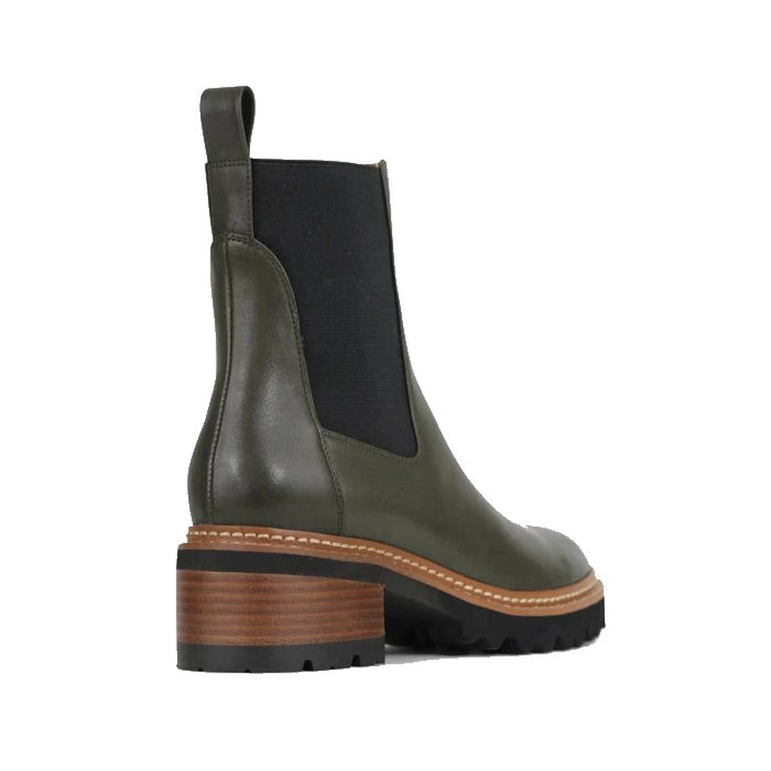 EOS Linear women’s boot in olive leather with side gussets, block heel, and lugged sole. Side View of Right Foot taken from heel showing detailing on outside of the leg., 9321191079158, 9321191079165, 9321191079172, 9321191079189, 9321191079196, 932119107