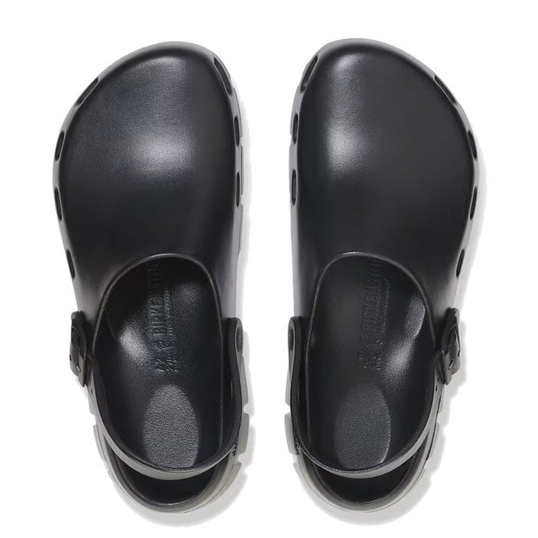 A pair of black Birkenstock Birki Flow EVA clogs in REGULAR width with arch support and a back strap, viewed from above on a white background., 4066648424949, 4066648424987, 4066648425021, 4066648425069, 4066648425106, 4066648425144, 4066648425182, 406664