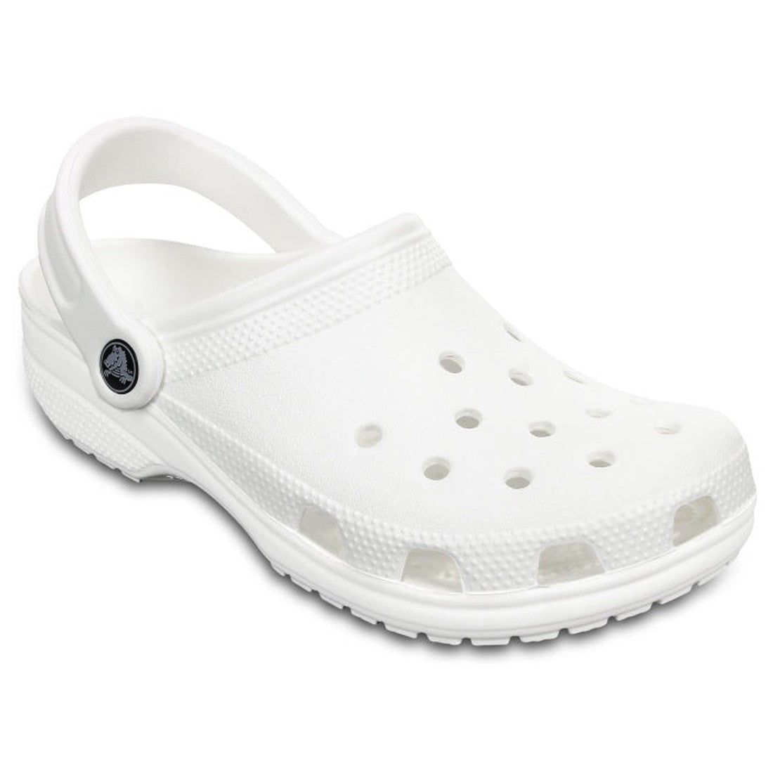 The Crocs - Classic Clog White Adults Womens & Mens is shown with ventilation holes, a textured sole, and a pivoting heel strap on a plain white background—perfect unisex footwear for comfort., 883503185609, 883503185616, 883503185623, 883503185630, 88350