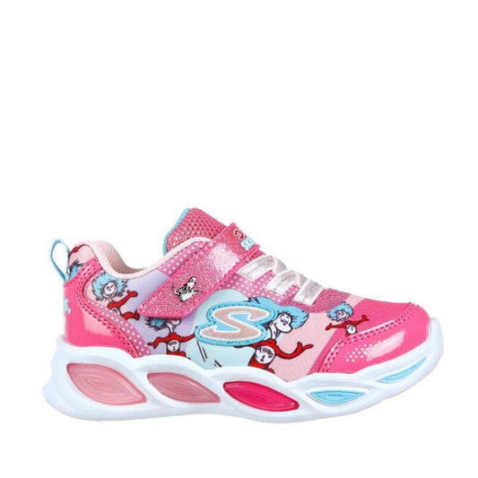 Skechers Toddler Dr Seuss Funtime With Things Light-Ups: pink sneaker with Cat in the Hat fun, blue/white trim, white laces & light-up sole.  ksnz