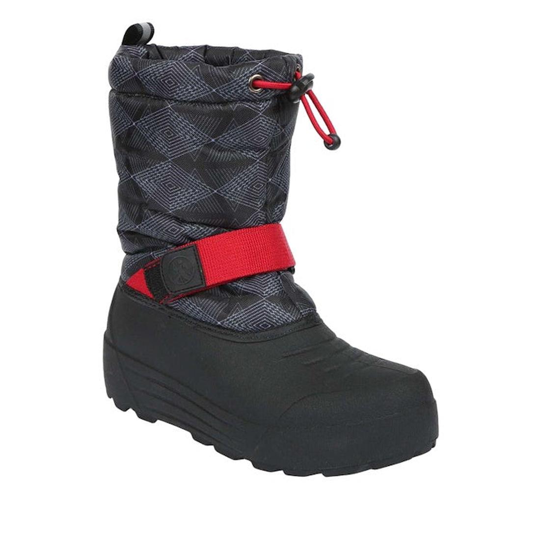Northside Kid's Frosty Insulated Snow Boot in Black/Red, with patterned upper, secure red strap and drawstring, grippy thick sole.  ksnz