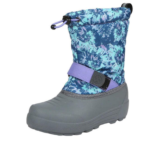Northside Kid’s Snow Boot Frosty Insulated in Aqua/Lilac, with a sturdy gray sole, fun tie-dye upper, cozy lining, and easy drawstring closure.  ksnz