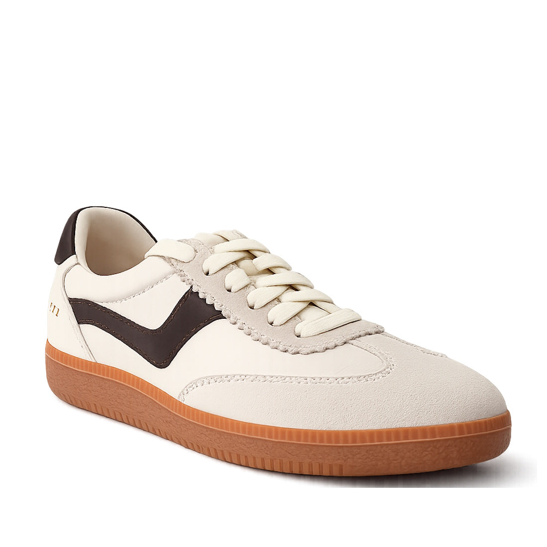 The Gelato Staton Swan Off White / Cafe Leather Lace Women's Sneaker features a retro cream design with brown stripe detail, cream laces, and a gum rubber sole, shown angled against a white background.