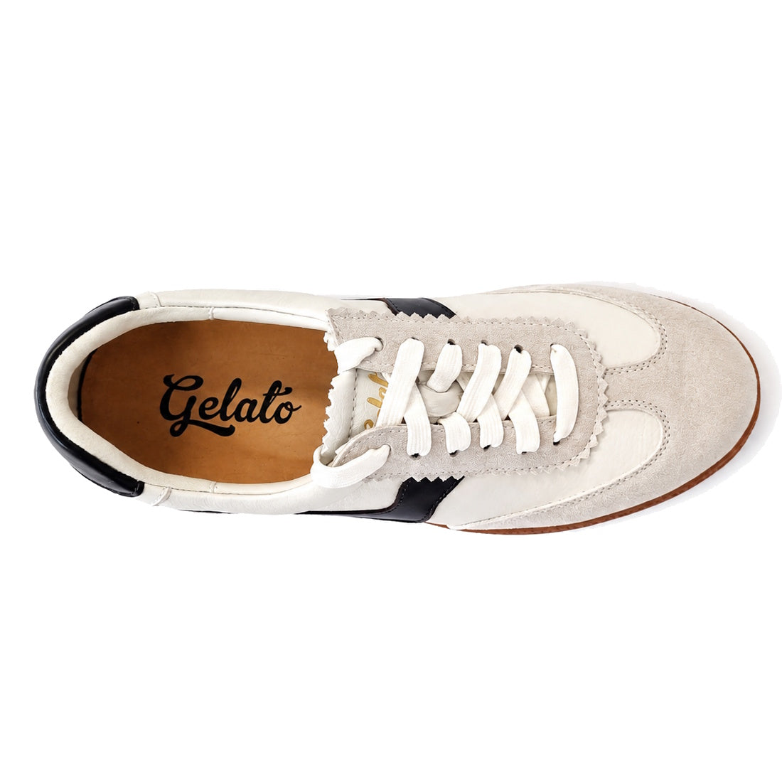 Top view of the Gelato Staton Swan Off White / Cafe Leather Lace Womens Sneaker, a white and beige retro design with black accents, white laces, and a tan “Gelato” insole that highlights its distinctive style., 52483, 52484, 52485, 52486, 52487, 52488