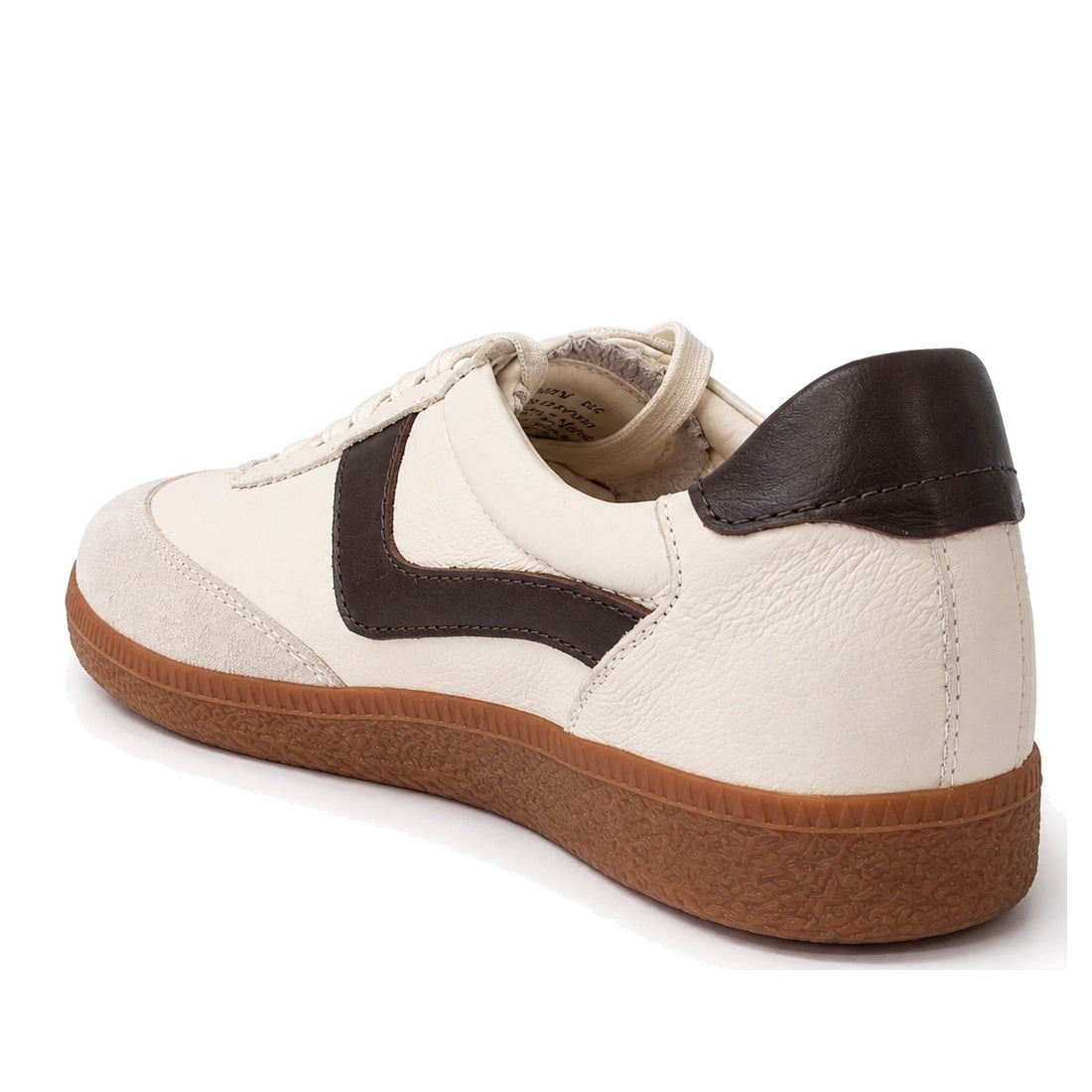 The Gelato Staton Swan Off White / Cafe Leather Lace Womens Sneaker features an off-white upper with cafe leather accents and a gum rubber sole, displayed from a rear side angle on a white background., 52483, 52484, 52485, 52486, 52487, 52488