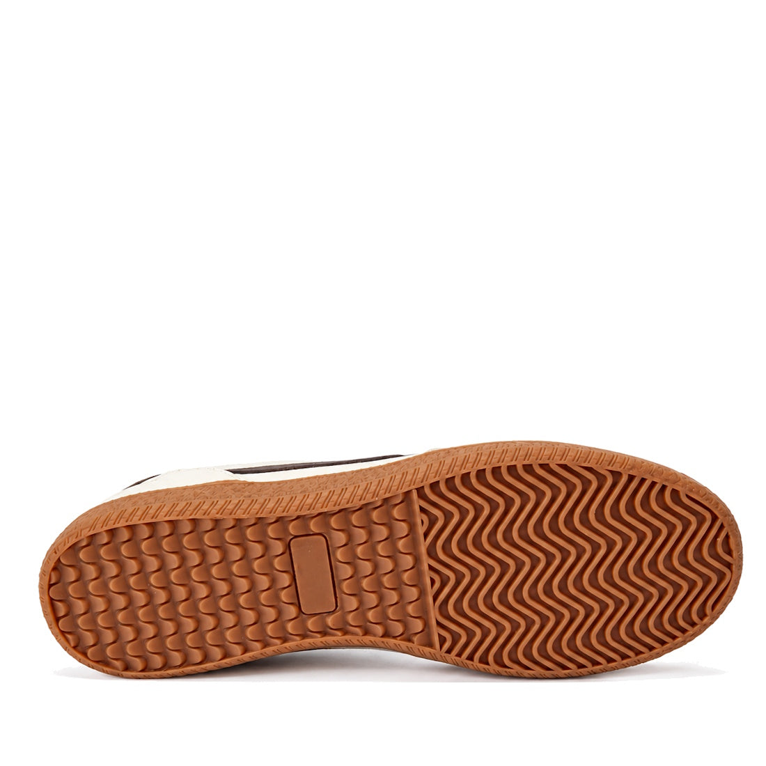 Bottom view of the Gelato Staton Swan Off White / Cafe Leather Lace Womens Sneaker, featuring a textured light brown rubber sole with a wavy tread, plus an off-white upper and cafe stripe for a retro-inspired look., 52483, 52484, 52485, 52486, 52487, 5248