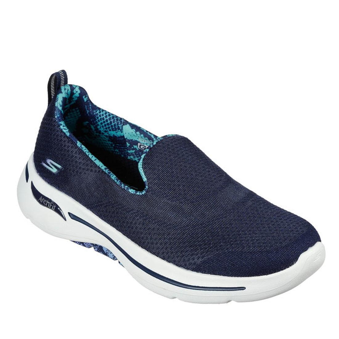 Skechers Go Walk Arch Fit Wild Vision Navy Slip On: comfy slip-on with navy mesh upper, white sole, blue lining & easy pull tab.  ksnz