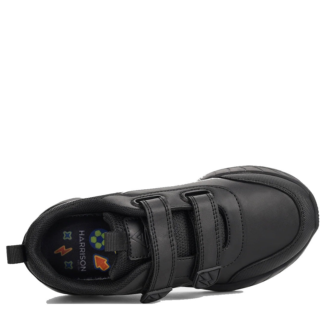 The Harrison Heat Black School Trainer features a scuff-resistant leather upper, two hook & loop straps, a heel pull tab, and a colorful patterned insole with "HARRISON," shown from above., 51761, 51762, 51763, 9361913036519, 9361913036533, 9361913036557,