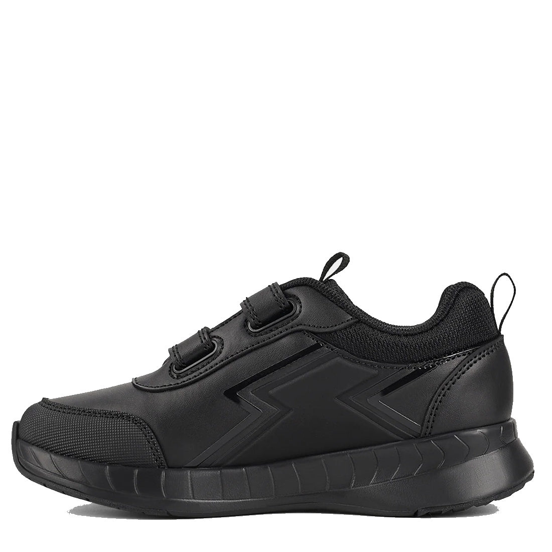 The Harrison Heat Black School Trainer features a low-profile leather upper, hook-and-loop straps, textured scuff-resistant sole, and zigzag side design. Shown in side view on white—ideal as a school sport shoe., 51761, 51762, 51763, 9361913036519, 936191