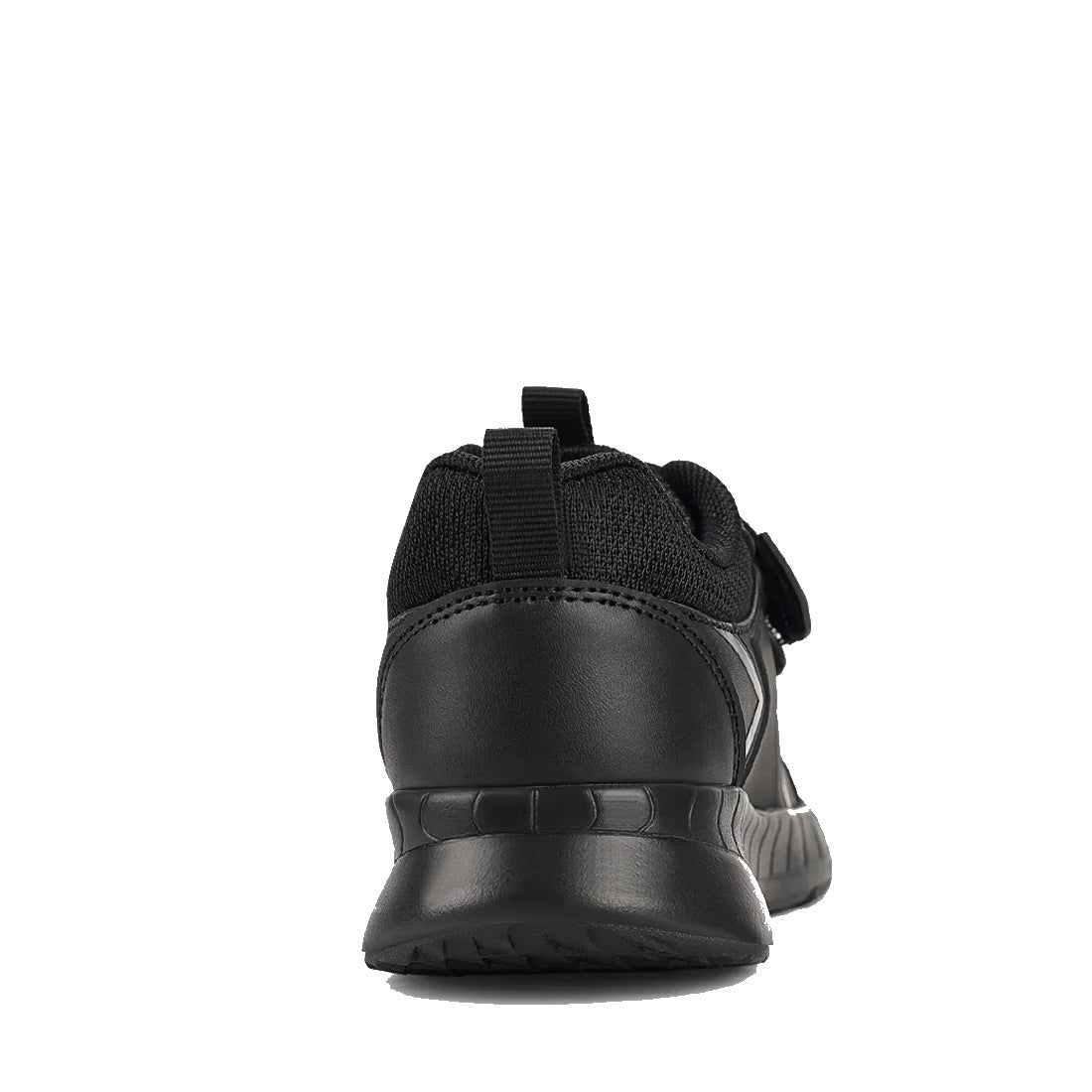 Back view of the Harrison Heat Black School Trainer with a textured, scuff-resistant sole, mesh and leather upper, heel pull tab, and hook & loop fastening, shown against a white background., 51761, 51762, 51763, 9361913036519, 9361913036533, 936191303655