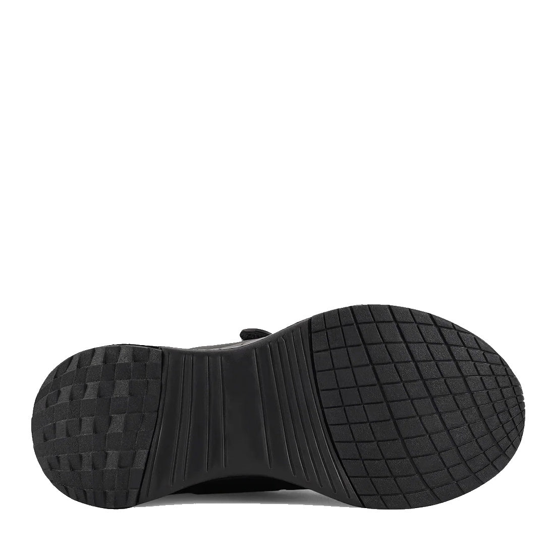 The image shows the black rubber sole of the Harrison Heat Black School Trainer Hook & Loop Fastening, featuring a scuff-resistant tread with square and rectangular patterns for grip and long-lasting durability., 51761, 51762, 51763, 9361913036519, 936191