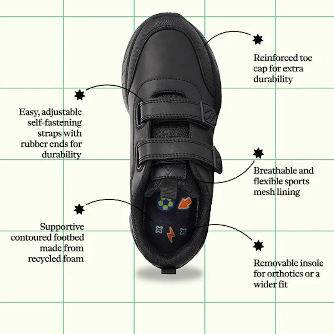 Top view of Harrison Heat Black School Trainer with scuff-resistant leather upper, adjustable hook & loop straps, reinforced toe cap, breathable mesh lining, recycled foam footbed, and removable insole on a grid background., 51761, 51762, 51763, 936191303