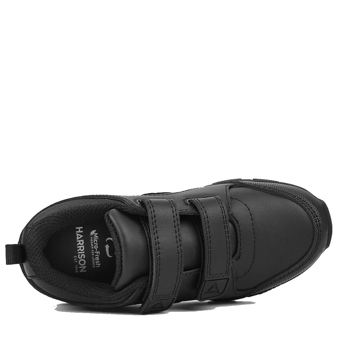 A single Harrison Neo Black School Trainer with two Velcro straps, shown from above. This comfy school shoe has a rounded toe, subtle stitching, and an insole marked Harrison Microfresh., 51750, 51751, 9361913027661, 9361913027678, 9361913027685, 93619130