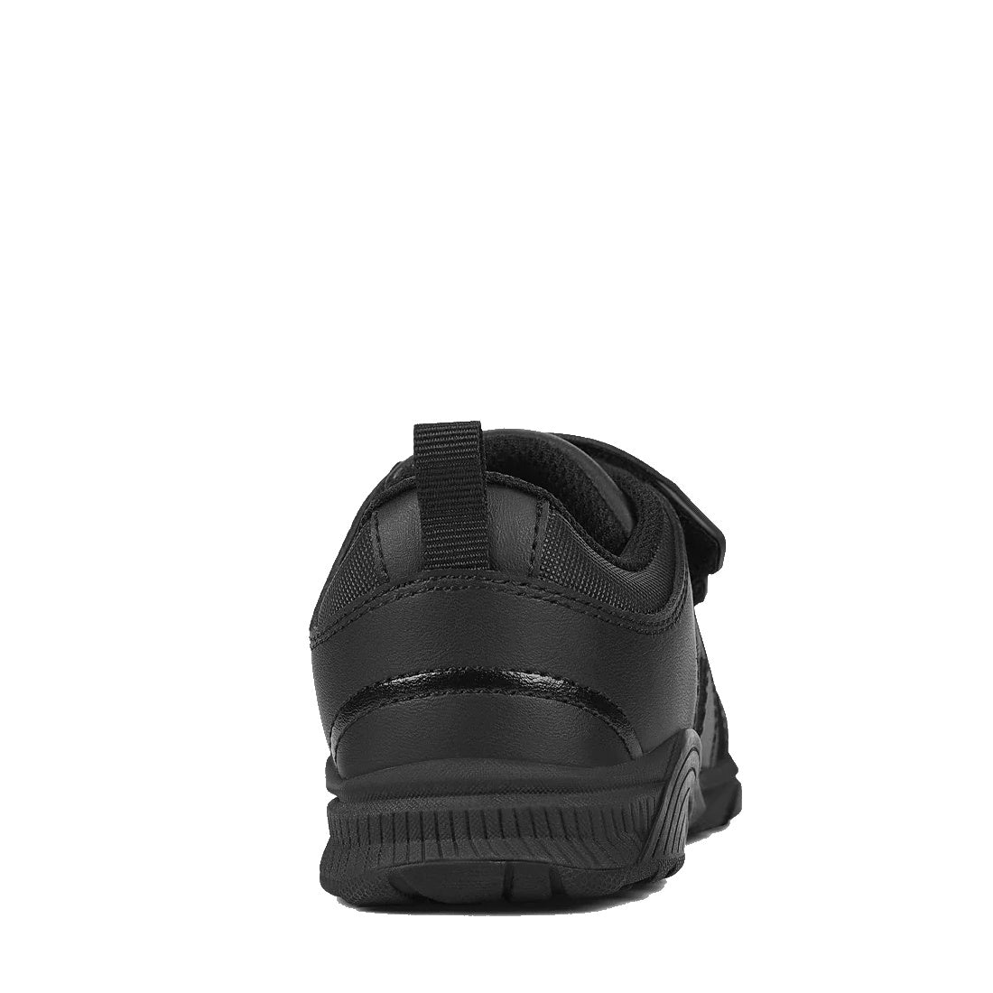 The Harrison Neo Black School Trainer is shown from the back, featuring its heel, outsole tread, pull tab, and upper design—crafted for comfort as a school shoe against a crisp white background., 51750, 51751, 9361913027661, 9361913027678, 9361913027685, 