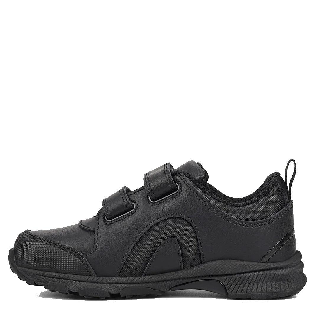 The Harrison Neo Black School Trainer is a black school sports shoe with a textured sole, two Velcro straps, pull tab at the heel, and a low-cut design—perfect for active days., 51750, 51751, 9361913027661, 9361913027678, 9361913027685, 9361913027692, 517