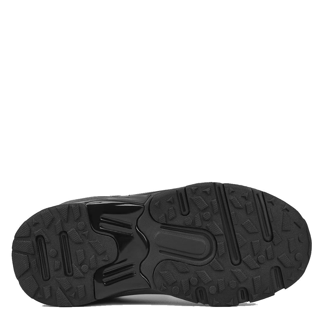 The image shows the bottom view of the Harrison Neo Black School Trainer sole, featuring textured tread, ridges, grooves, and geometric patterns for optimal grip and support—perfect for durable use as a school sports shoe., 51750, 51751, 9361913027661, 93