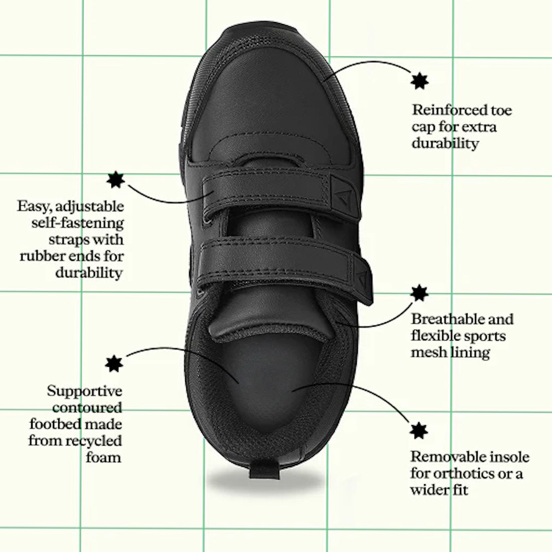 The Harrison Neo Black School Trainer, shown from above on a grid background, features adjustable self-fastening straps, a reinforced toe cap, breathable mesh lining, contoured footbed, and a removable insole for lasting comfort., 51750, 51751, 9361913027