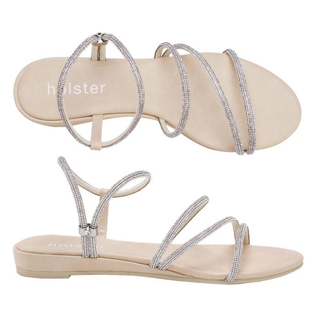 Holster Viva Wedge Womens Diamante Sandal Beige—sparkly silver straps, comfy wedge sole, ankle strap closure, family-friendly style.  ksnz